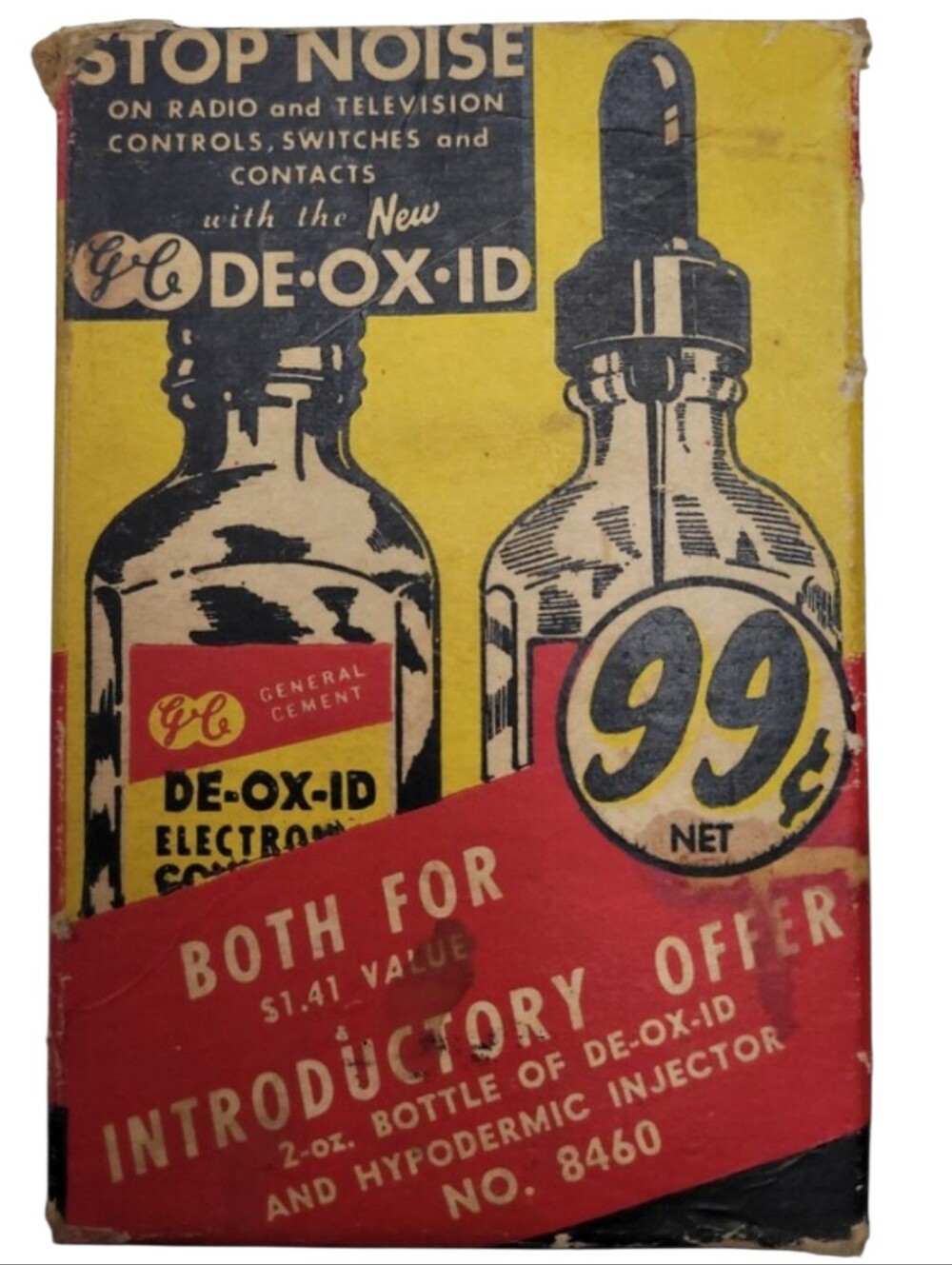 Vintage 1940s Empty General Cement (GC) De-Ox-Id Electronic Contact Cleaner Box